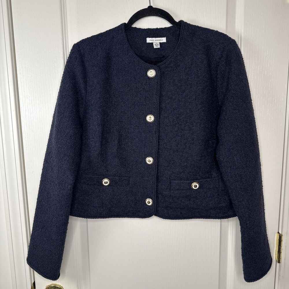Free Assembly Womens L Navy Boucle Tweed Lady Jacket Gold Buttons
